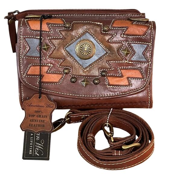 American West Genuine Leather Tooled Crossbody Bag Wallet Boho Western Studded - Picture 2 of 16